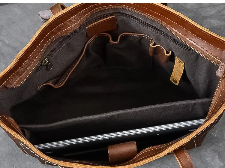 Leather Mens Womens 15" Large Shoulder Bag Brown Tote Bag Large Side Bag Dark Coffee Handbag For Men