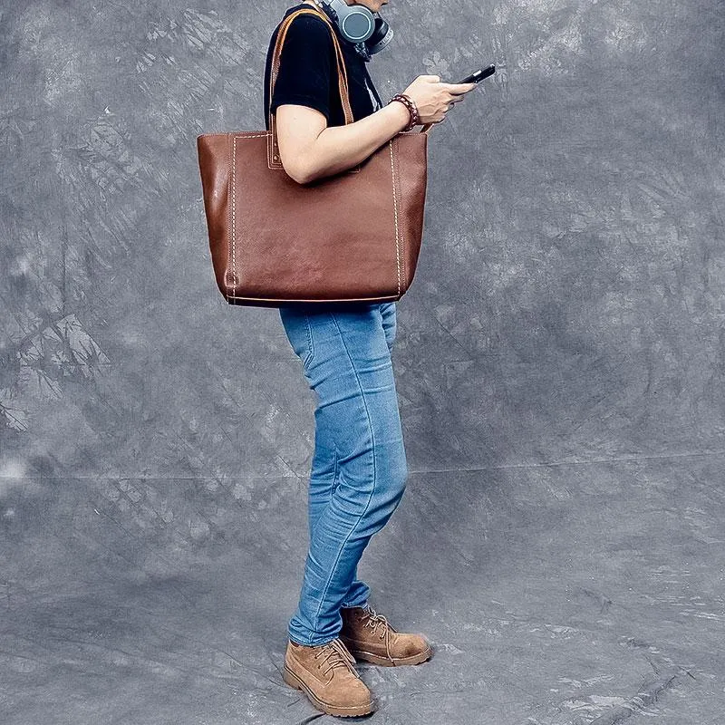 Leather Mens Womens 15" Large Shoulder Bag Brown Tote Bag Large Side Bag Dark Coffee Handbag For Men