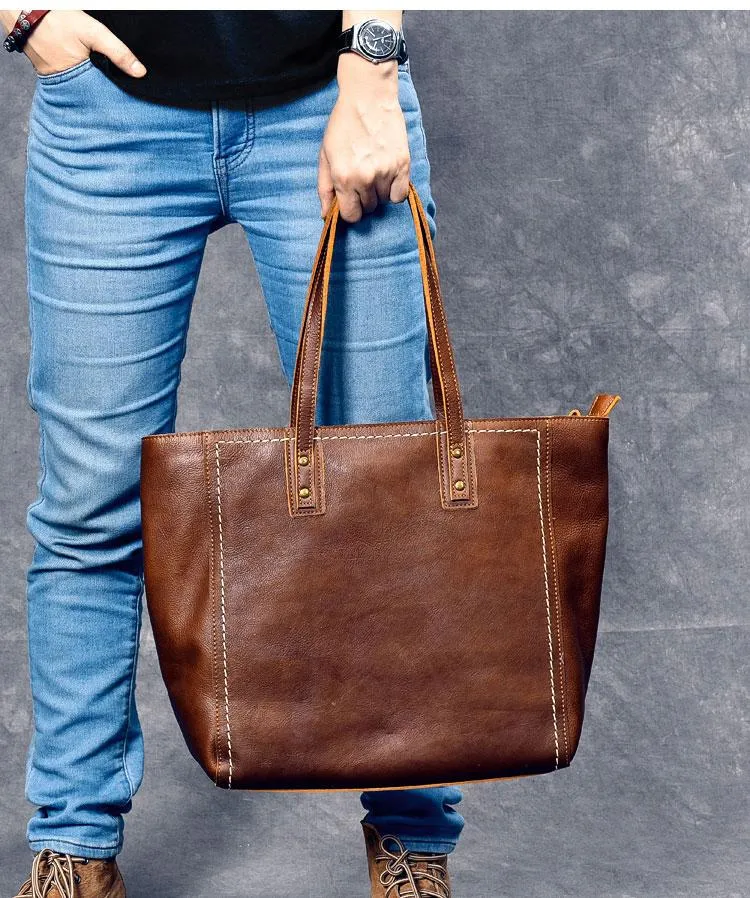Leather Mens Womens 15" Large Shoulder Bag Brown Tote Bag Large Side Bag Dark Coffee Handbag For Men