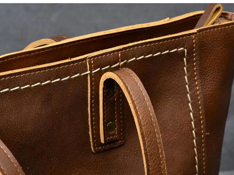 Leather Mens Womens 15" Large Shoulder Bag Brown Tote Bag Large Side Bag Dark Coffee Handbag For Men