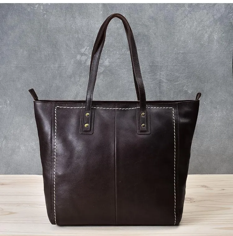 Leather Mens Womens 15" Large Shoulder Bag Brown Tote Bag Large Side Bag Dark Coffee Handbag For Men
