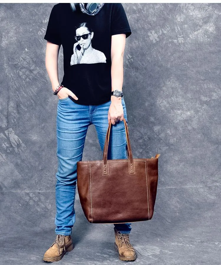 Leather Mens Womens 15" Large Shoulder Bag Brown Tote Bag Large Side Bag Dark Coffee Handbag For Men
