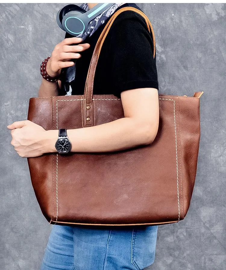Leather Mens Womens 15" Large Shoulder Bag Brown Tote Bag Large Side Bag Dark Coffee Handbag For Men