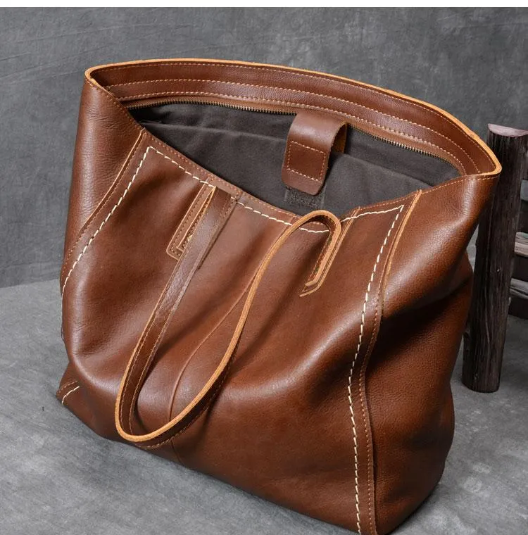 Leather Mens Womens 15" Large Shoulder Bag Brown Tote Bag Large Side Bag Dark Coffee Handbag For Men