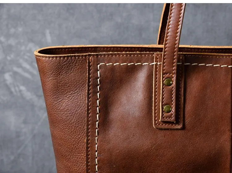 Leather Mens Womens 15" Large Shoulder Bag Brown Tote Bag Large Side Bag Dark Coffee Handbag For Men
