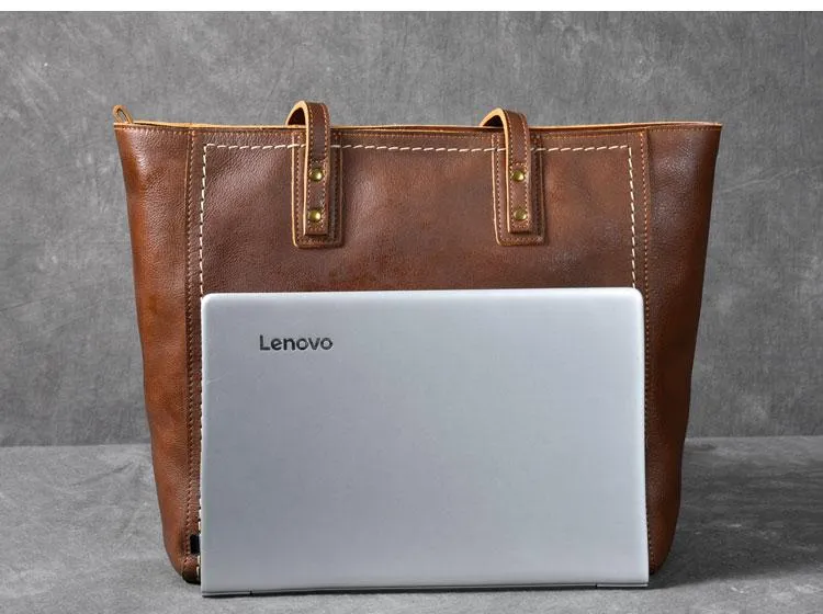 Leather Mens Womens 15" Large Shoulder Bag Brown Tote Bag Large Side Bag Dark Coffee Handbag For Men