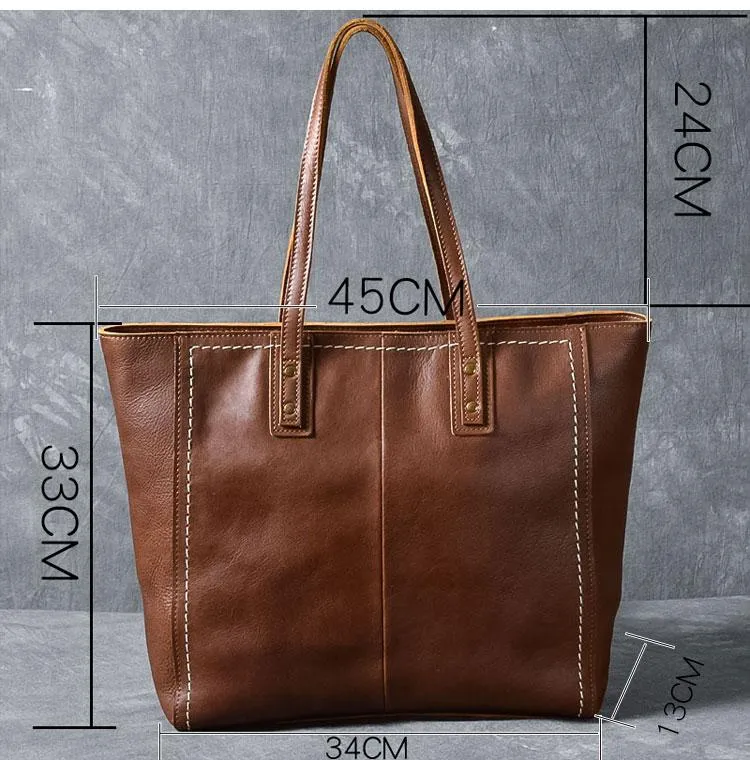 Leather Mens Womens 15" Large Shoulder Bag Brown Tote Bag Large Side Bag Dark Coffee Handbag For Men