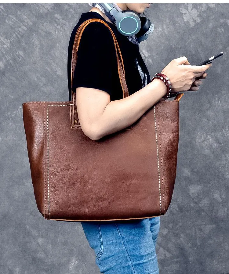 Leather Mens Womens 15" Large Shoulder Bag Brown Tote Bag Large Side Bag Dark Coffee Handbag For Men
