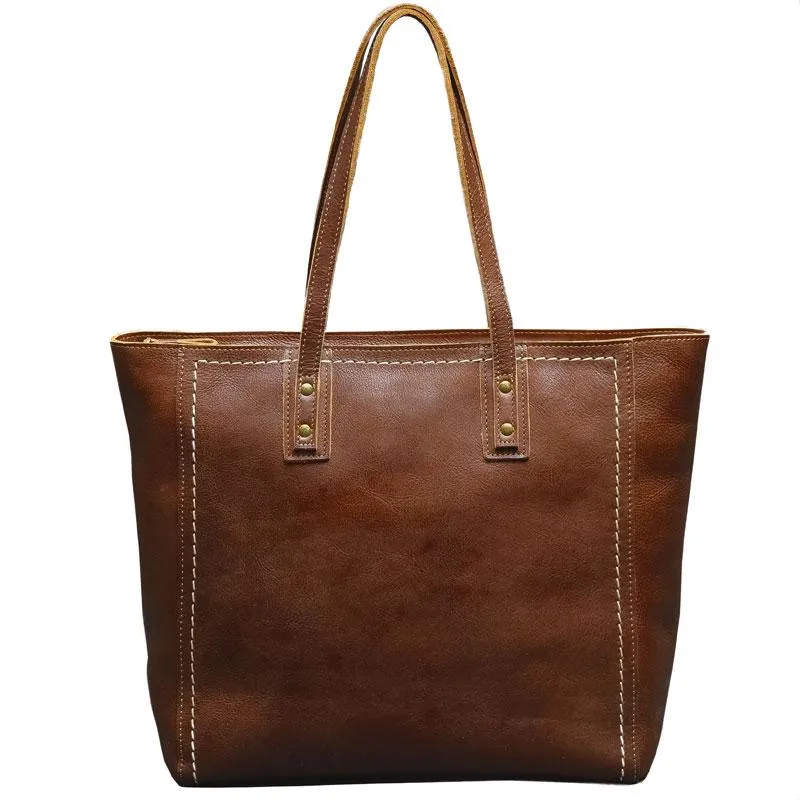 Leather Mens Womens 15" Large Shoulder Bag Brown Tote Bag Large Side Bag Dark Coffee Handbag For Men