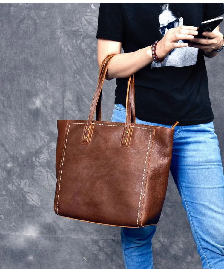 Leather Mens Womens 15" Large Shoulder Bag Brown Tote Bag Large Side Bag Dark Coffee Handbag For Men