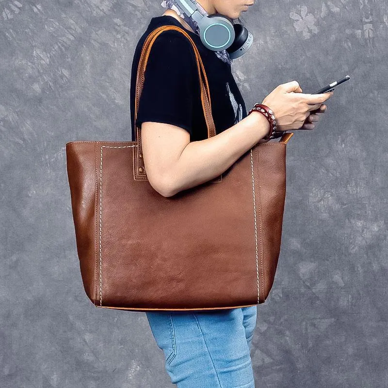 Leather Mens Womens 15" Large Shoulder Bag Brown Tote Bag Large Side Bag Dark Coffee Handbag For Men