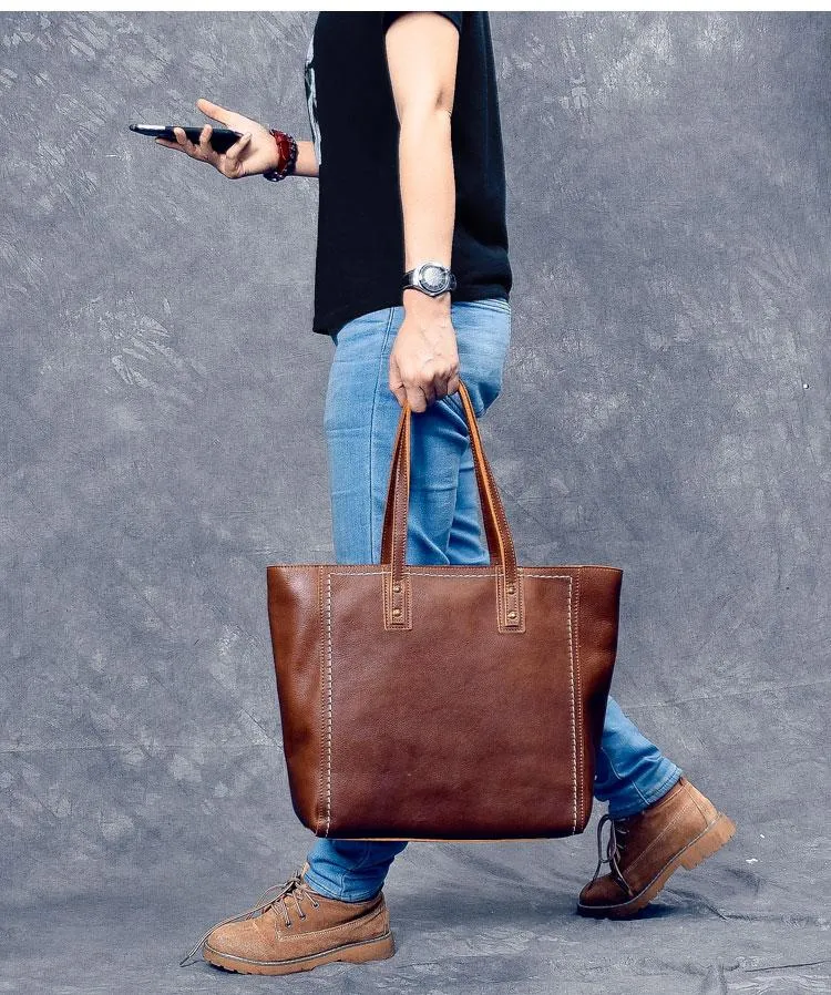 Leather Mens Womens 15" Large Shoulder Bag Brown Tote Bag Large Side Bag Dark Coffee Handbag For Men