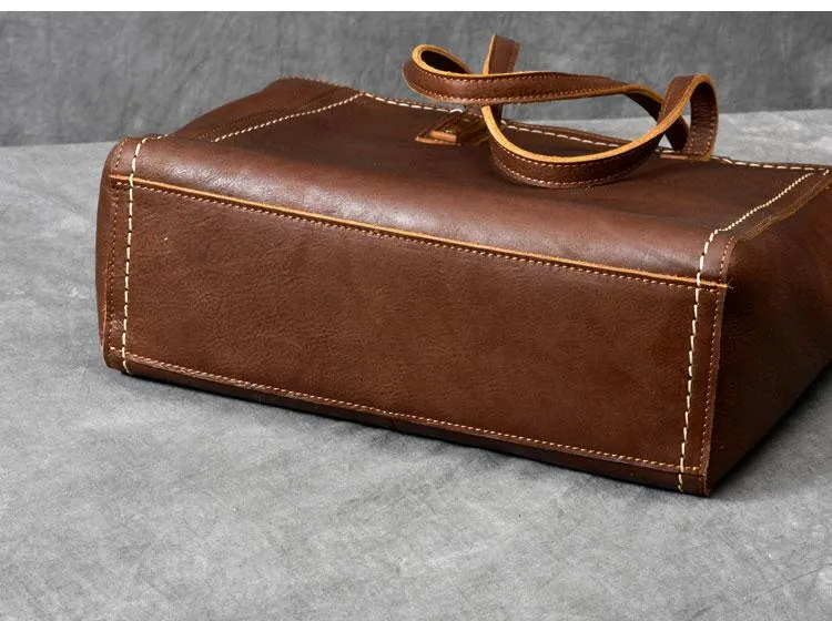 Leather Mens Womens 15" Large Shoulder Bag Brown Tote Bag Large Side Bag Dark Coffee Handbag For Men