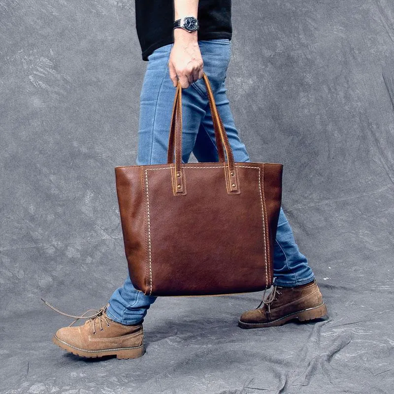 Leather Mens Womens 15" Large Shoulder Bag Brown Tote Bag Large Side Bag Dark Coffee Handbag For Men