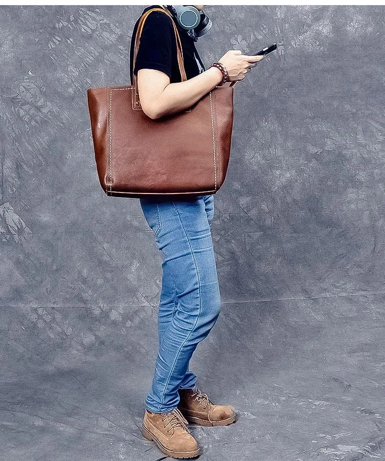 Leather Mens Womens 15" Large Shoulder Bag Brown Tote Bag Large Side Bag Dark Coffee Handbag For Men