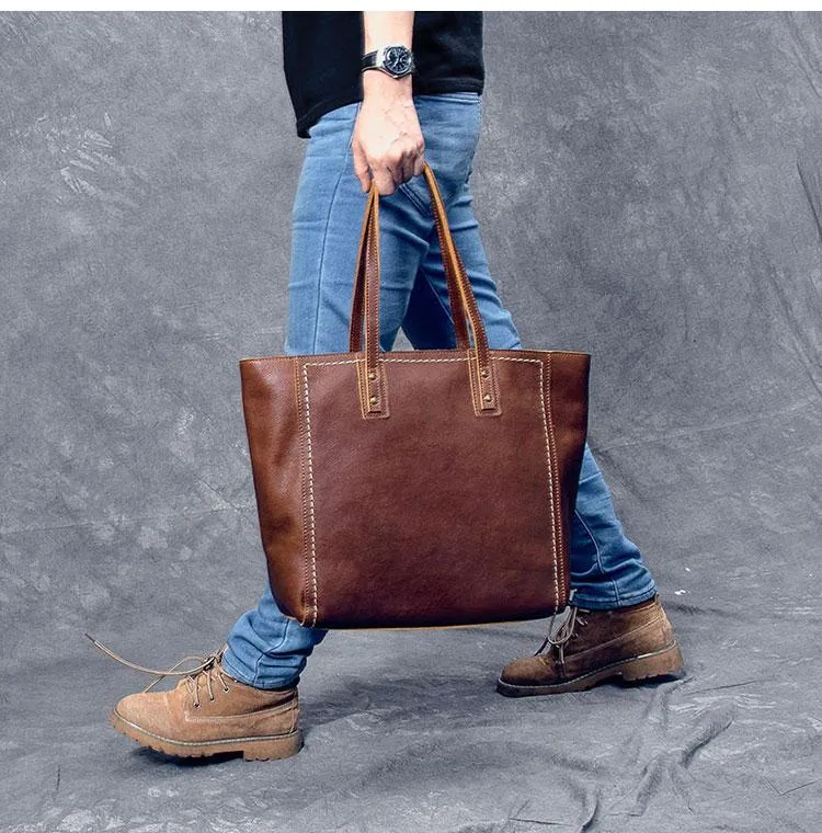 Leather Mens Womens 15" Large Shoulder Bag Brown Tote Bag Large Side Bag Dark Coffee Handbag For Men