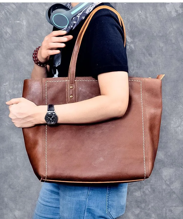 Leather Mens Womens 15" Large Shoulder Bag Brown Tote Bag Large Side Bag Dark Coffee Handbag For Men