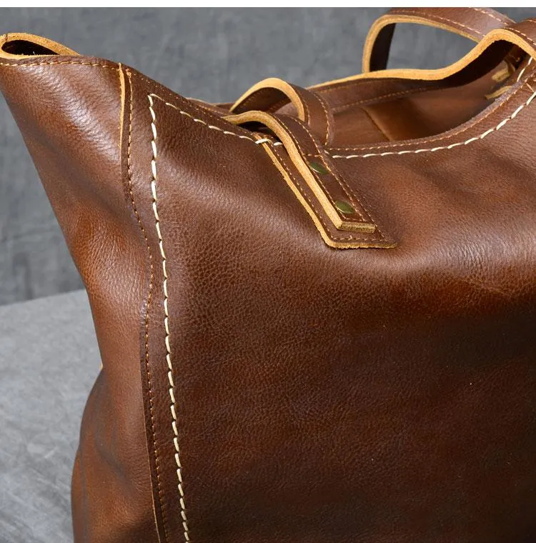 Leather Mens Womens 15" Large Shoulder Bag Brown Tote Bag Large Side Bag Dark Coffee Handbag For Men