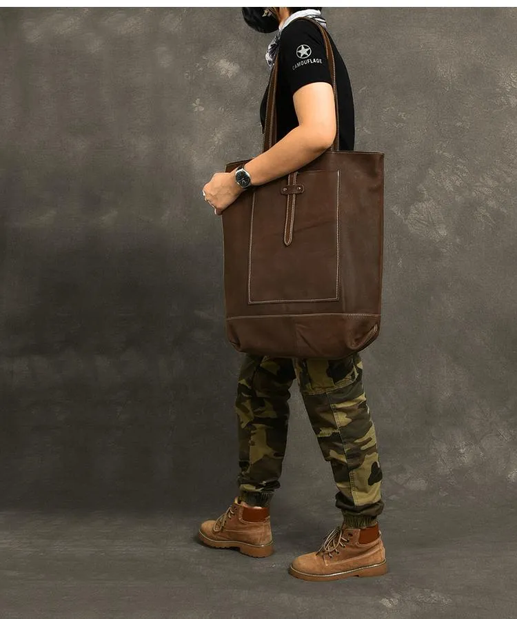 Leather Mens Womens 16" Brown Large Shoulder Bag Tote Bag Large Side Bag For Men