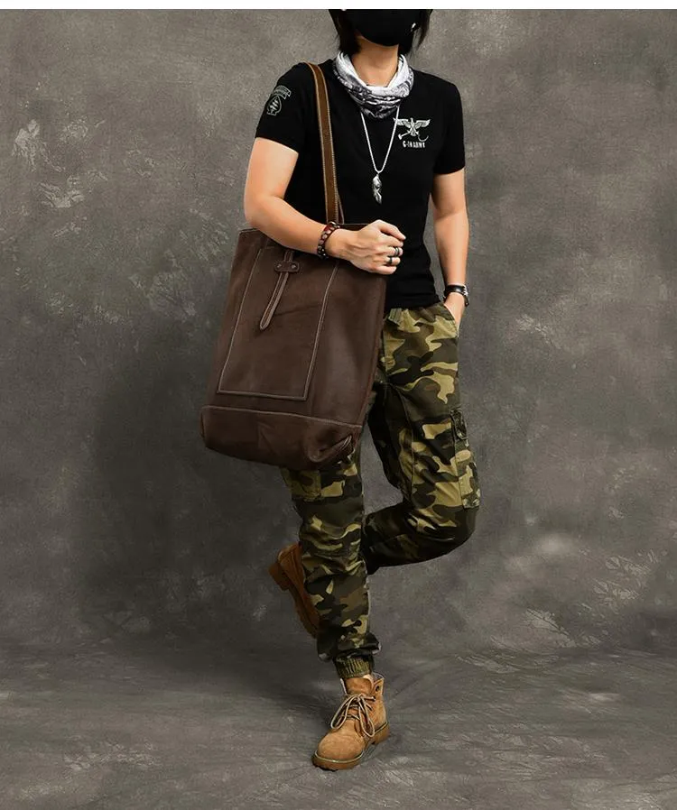 Leather Mens Womens 16" Brown Large Shoulder Bag Tote Bag Large Side Bag For Men