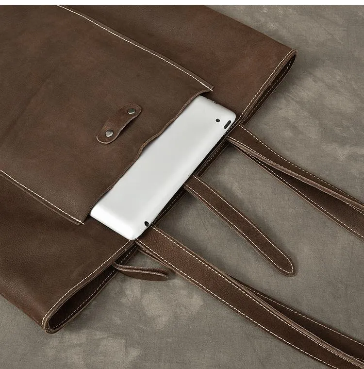 Leather Mens Womens 16" Brown Large Shoulder Bag Tote Bag Large Side Bag For Men