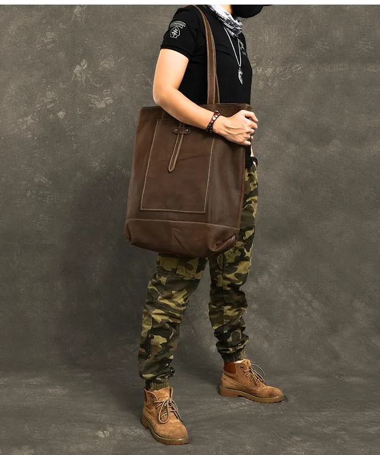 Leather Mens Womens 16" Brown Large Shoulder Bag Tote Bag Large Side Bag For Men