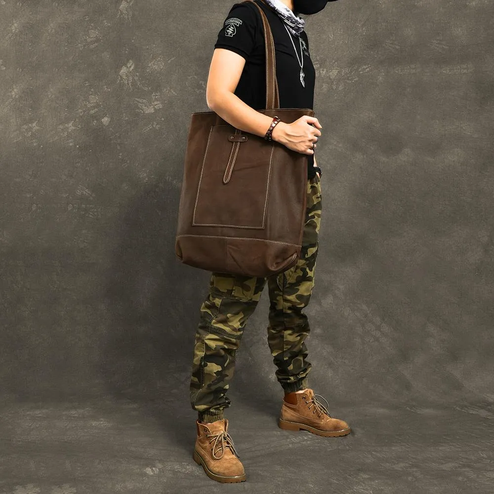 Leather Mens Womens 16" Brown Large Shoulder Bag Tote Bag Large Side Bag For Men