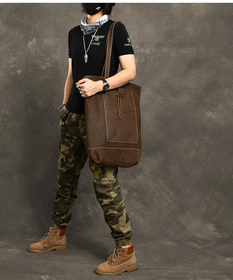 Leather Mens Womens 16" Brown Large Shoulder Bag Tote Bag Large Side Bag For Men