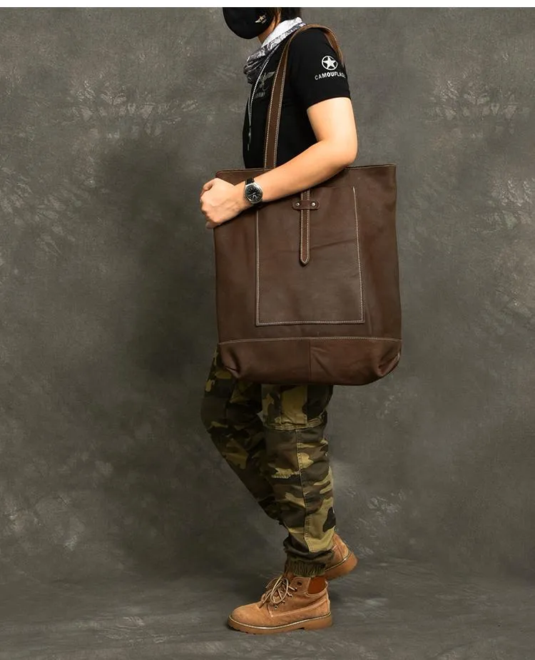 Leather Mens Womens 16" Brown Large Shoulder Bag Tote Bag Large Side Bag For Men