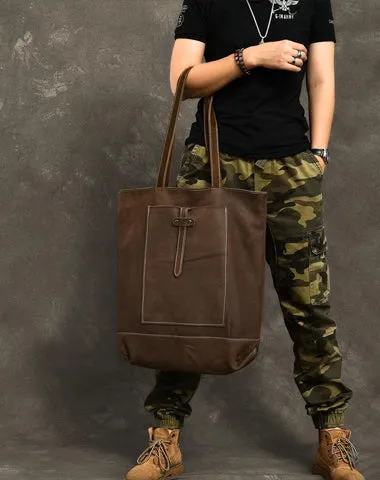Leather Mens Womens 16" Brown Large Shoulder Bag Tote Bag Large Side Bag For Men