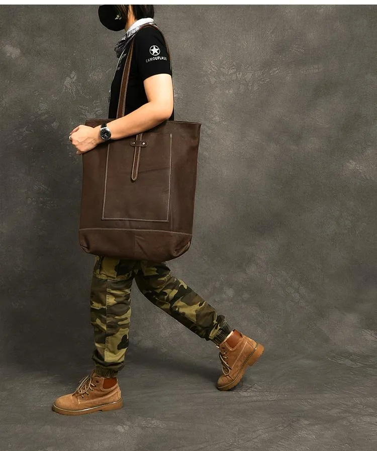 Leather Mens Womens 16" Brown Large Shoulder Bag Tote Bag Large Side Bag For Men