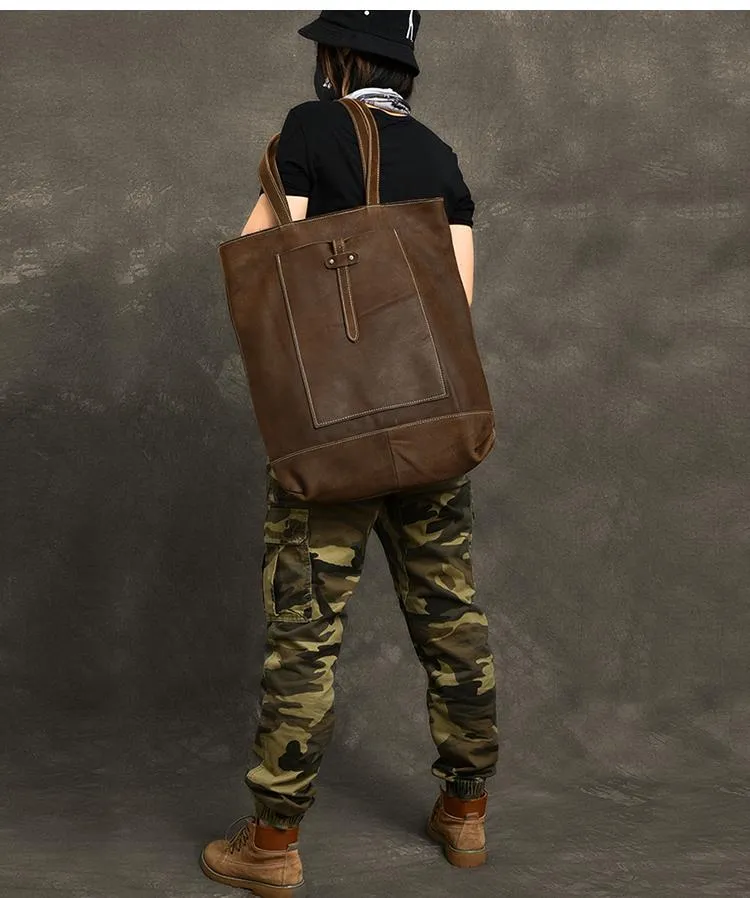 Leather Mens Womens 16" Brown Large Shoulder Bag Tote Bag Large Side Bag For Men