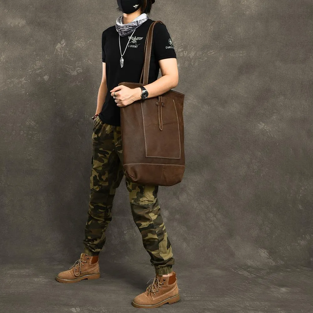 Leather Mens Womens 16" Brown Large Shoulder Bag Tote Bag Large Side Bag For Men