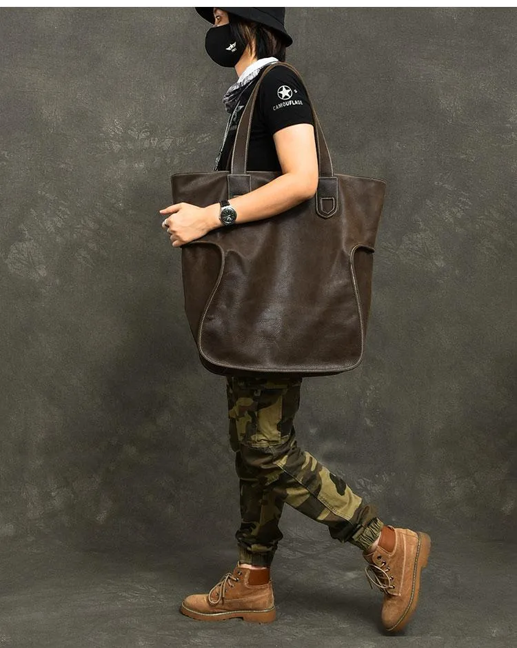 Leather Mens Womens 16" Tote Shoulder Bag Large Black Tote Bag Side Bag For Men
