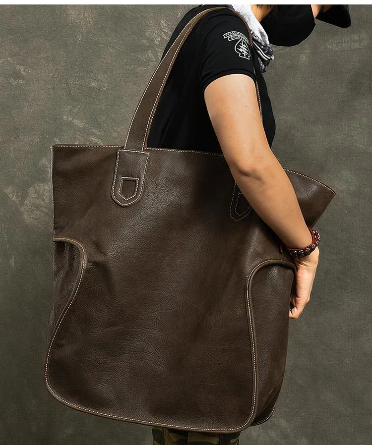 Leather Mens Womens 16" Tote Shoulder Bag Large Black Tote Bag Side Bag For Men