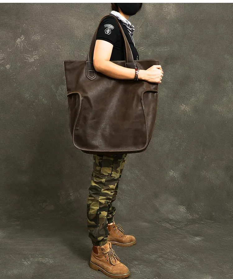 Leather Mens Womens 16" Tote Shoulder Bag Large Black Tote Bag Side Bag For Men