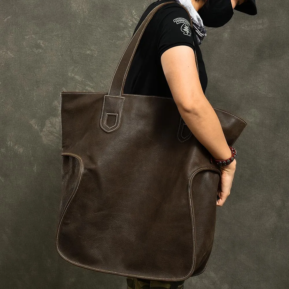 Leather Mens Womens 16" Tote Shoulder Bag Large Black Tote Bag Side Bag For Men