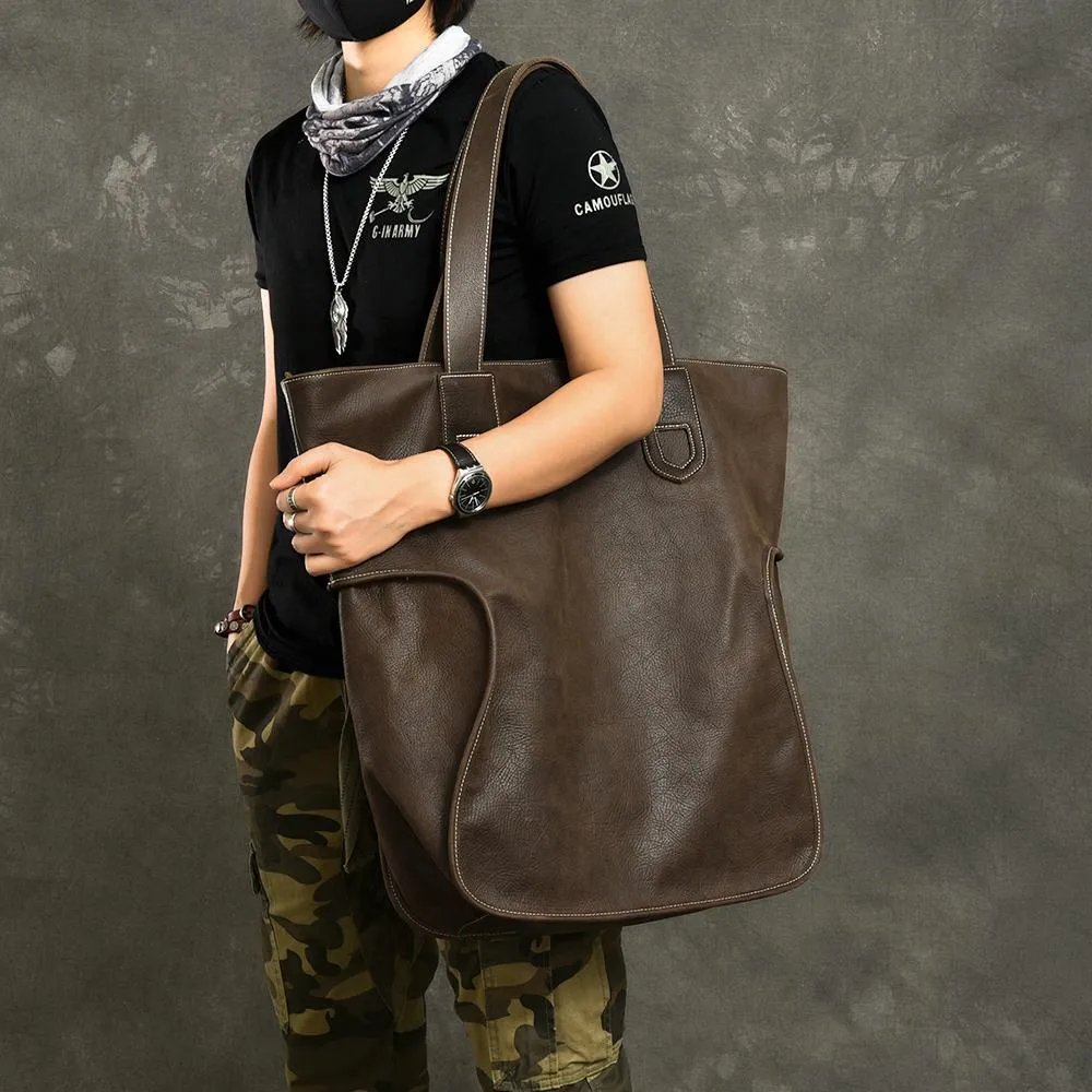 Leather Mens Womens 16" Tote Shoulder Bag Large Black Tote Bag Side Bag For Men