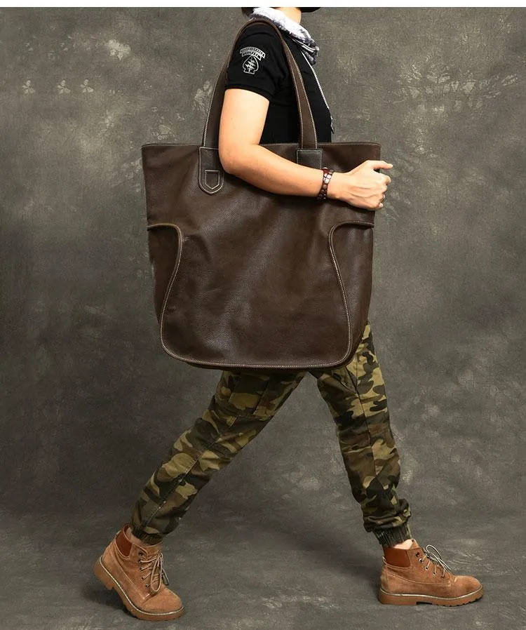 Leather Mens Womens 16" Tote Shoulder Bag Large Black Tote Bag Side Bag For Men