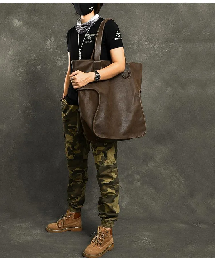 Leather Mens Womens 16" Tote Shoulder Bag Large Black Tote Bag Side Bag For Men