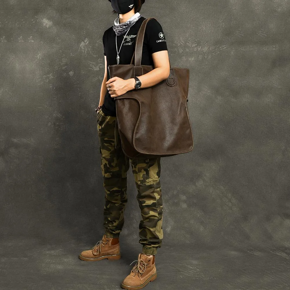 Leather Mens Womens 16" Tote Shoulder Bag Large Black Tote Bag Side Bag For Men
