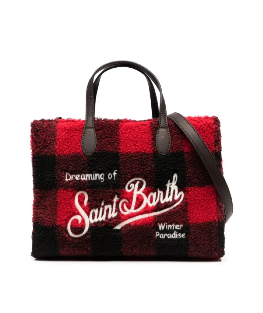 MC2 St. Barth Women's Red Black Check Wool Leather Tote Handbag