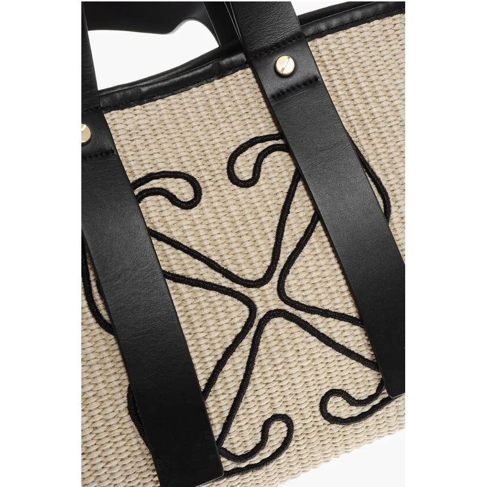 Off- Raffia Tote Bag with Leather Women's Details