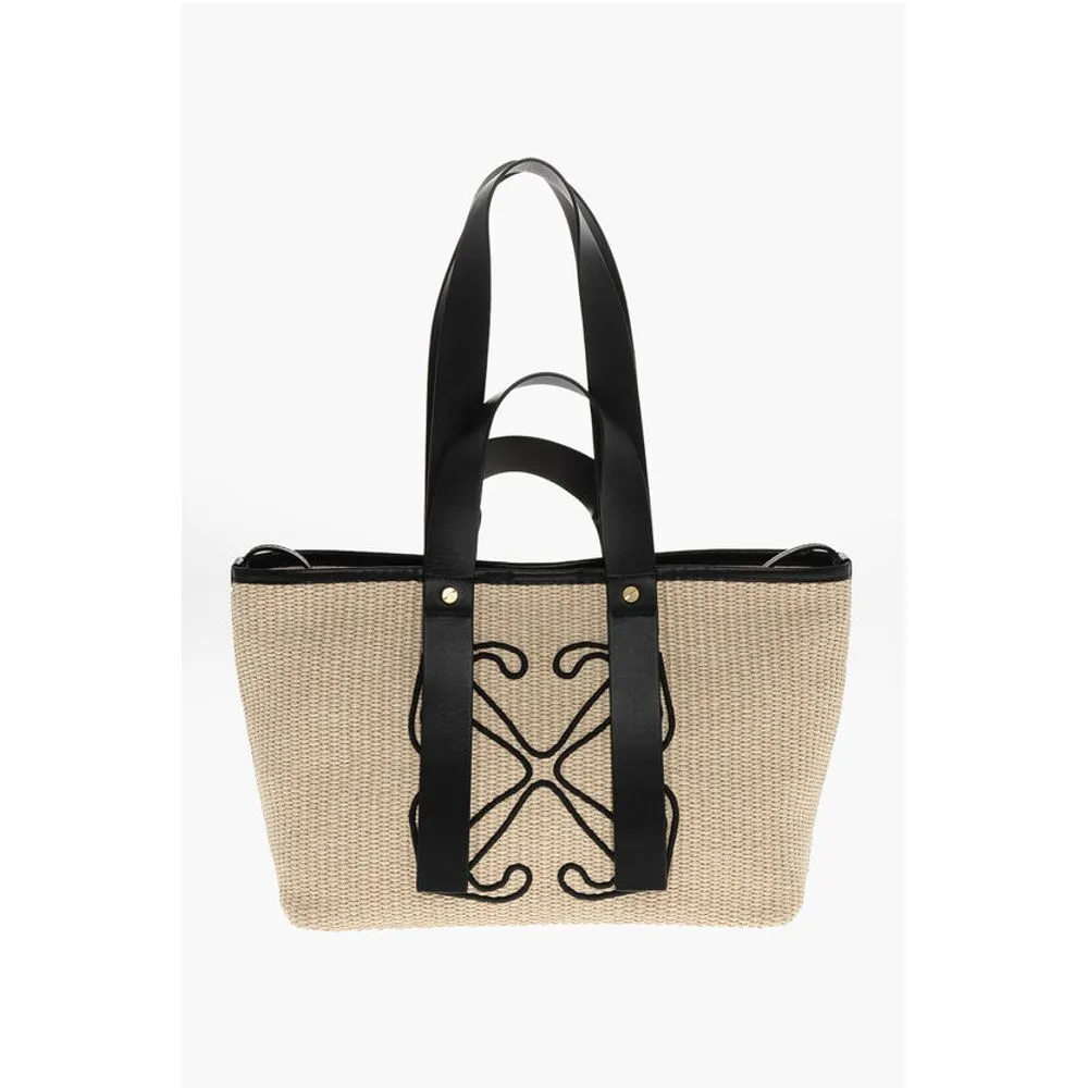Off- Raffia Tote Bag with Leather Women's Details