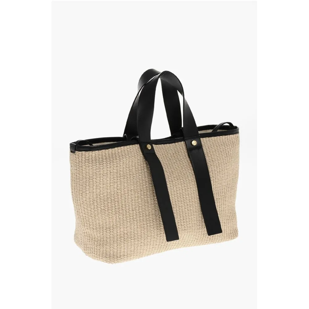 Off- Raffia Tote Bag with Leather Women's Details