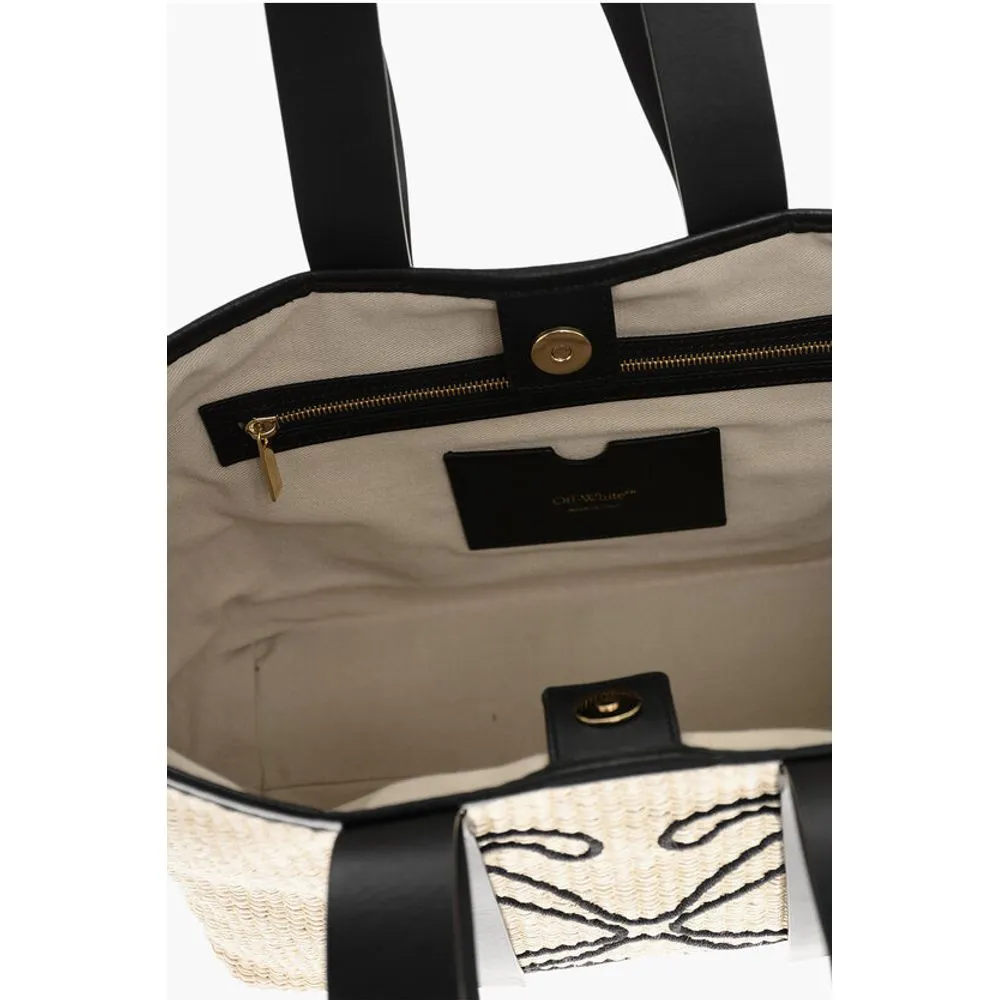 Off- Raffia Tote Bag with Leather Women's Details
