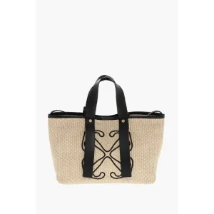 Off- Raffia Tote Bag with Leather Women's Details