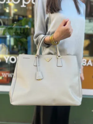 Prada Light Grey Saffiano Leather Double Zip Lux Tote