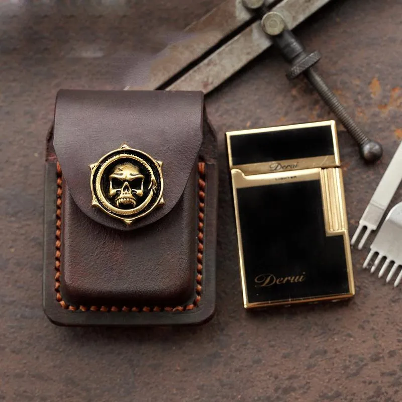 Skull Brown Leather Mens S.T.Dupont Lighter Cases Ronson Lighter Holder For Men
