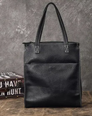 Soft Leather Mens Womens 15" Large Shoulder Bag Black Tote Bag Large Side Bag For Men